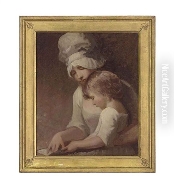 Portrait Of A Lady And A Child, Traditionally Identified As Mrs Cumberland And Her Son, Charles, Half-length, In A White Dress And Bonnet Oil Painting by George Romney