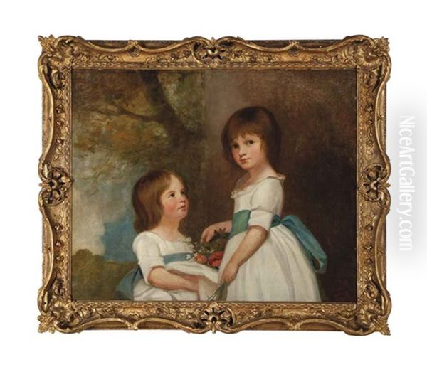 Portrait Of Two Girls, Traditionally Identified As The Horsley Children, In White Dresses With Blue Sashes Holding Flowers In A Landscape by George Romney