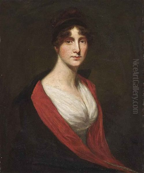 Portrait Of A Lady (hannah Penrice (1760-1829)?) In A Black And Red Coat Oil Painting by George Romney