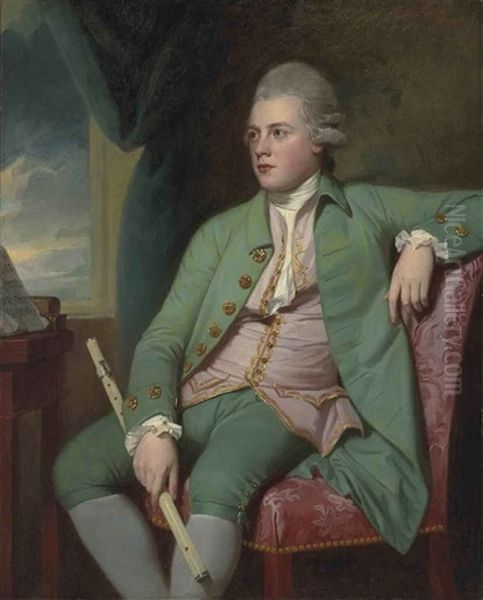 Portrait Of Francis Lind In A Green Coat And Breeches, And Pink Waistcoat Embroidered With Gold, A One-keyed Simpson Ivory Flute In His Right Hand, A... Oil Painting by George Romney