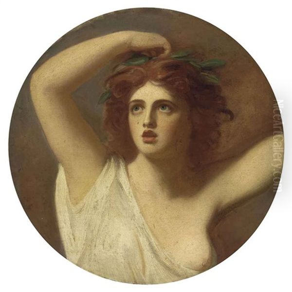 Portrait Of Lady Emma Hamilton, As Cassandra, In A White Robe, A Laurel Wreath Crowning Her Head Oil Painting by George Romney