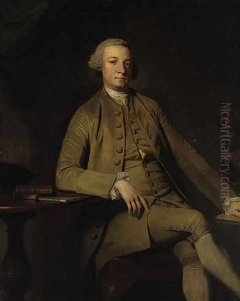 Portrait Of A Gentleman Seated, A Table Beside Him Oil Painting by George Romney