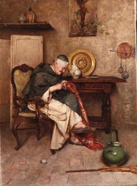 Mending The Cloth Oil Painting by Giuseppe Bortignoni