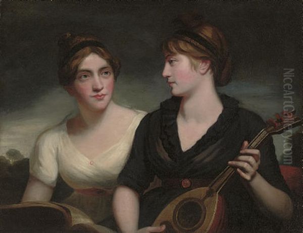 A Double Portrait Of Sisters, \one In A Black Dress Playing A Lute, The Other In A White Dress Holding A Musical Score Oil Painting by George Romney