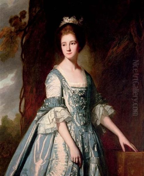 Portrait Of A Lady In A Blue And Pink Dress, In A Landscape Oil Painting by George Romney