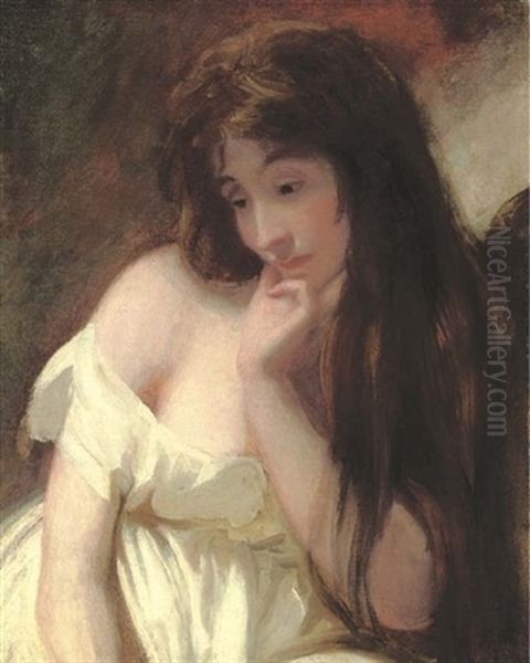 Portrait Of A Lady In A White Muslin Dress (emma Hamilton?) Oil Painting by George Romney