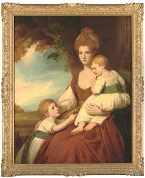 Group Portrait Of Mrs Charles Hawkins And Her Children, Caesar And Louisa Anne, She In A Burgundy Dress With Yellow Sash, Her Children In White Dresses With Coloured Sashes, On A Balcony Oil Painting by George Romney