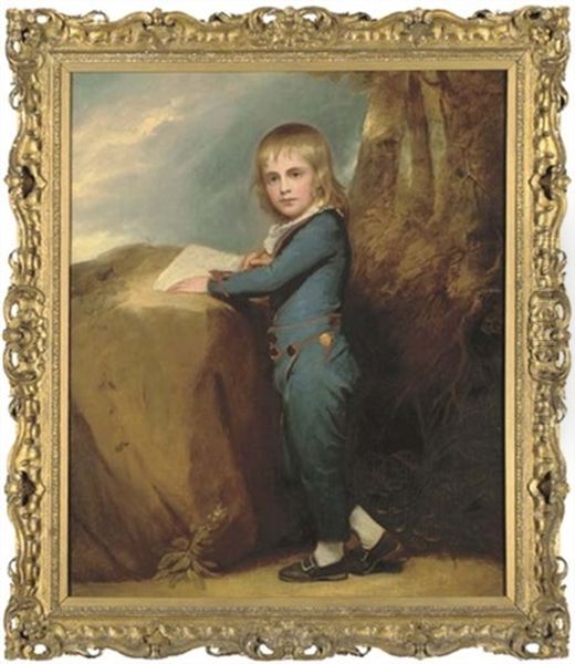 Portrait Of Master Tennant, Full-length, In A Blue Suit With Gold Buttons And Red Trim, Sketching On A Rock, In A Landscape Oil Painting by George Romney