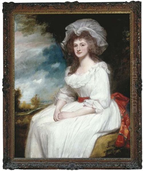 Portrait Of Mrs. Anne Blackburn, Three-quarter Length, In A White Dress, A Landscape Beyond Oil Painting by George Romney