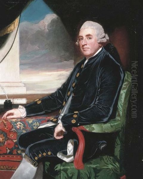 Portrait Of Barry Maxwell, 1st Earl Farnham, Wearing A Blue Velvet Suit With Gold Buttons And White Lace Cuffs, Before A Table Draped With An Oriental Carpet, An Open Window Beyond Oil Painting by George Romney