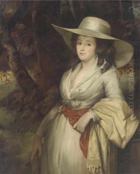 Portrait Of A Lady, Three-quarter-length, In A White Dress And Straw Hat Oil Painting by George Romney