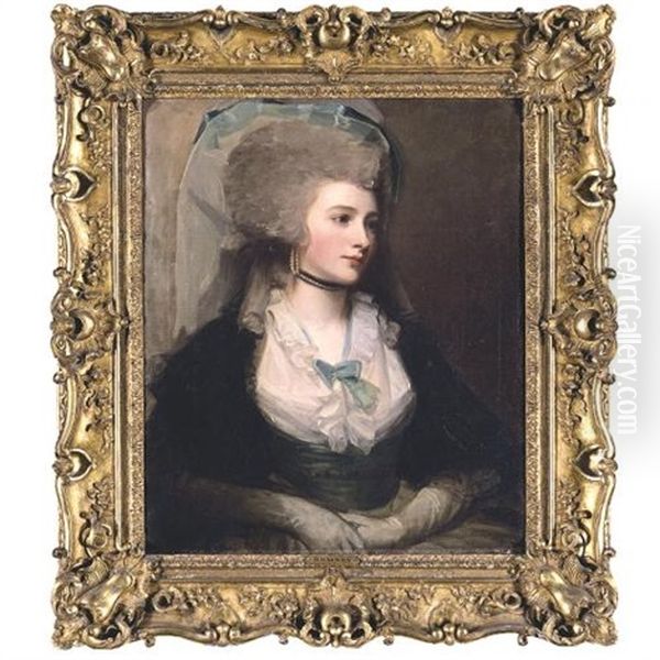 Portrait Of Mrs. Pringle, Nee Miss Balneavis, Half Length, Wearing A White Gown With A Blue Sash And Bow At The Neckline, A Black Shawl, And A Pearl Necklace And Earrings Oil Painting by George Romney