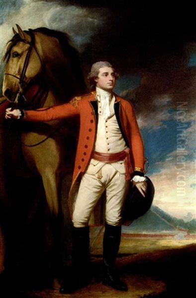 Portrait Of Major James Hartley In Uniform, Holding His Horse, A Formation Of Soldiers Near A Mountain Beyond by George Romney