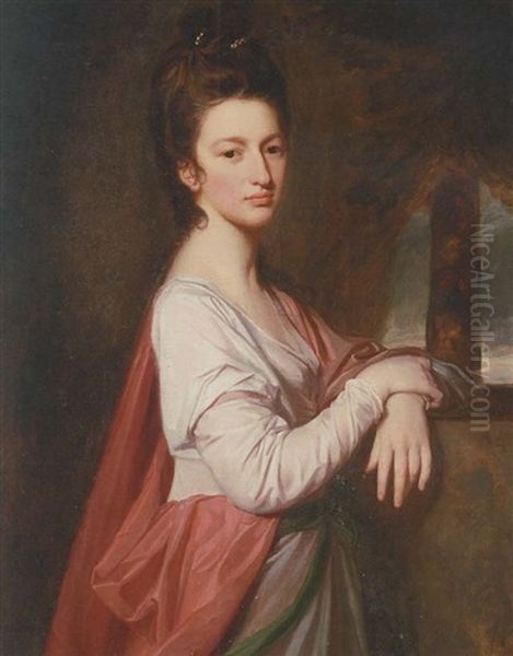 Portrait Of A Lady (mrs. Nelthorpe?) In A White Dress And Pink Shawl, Beside A Stone Plinth Oil Painting by George Romney