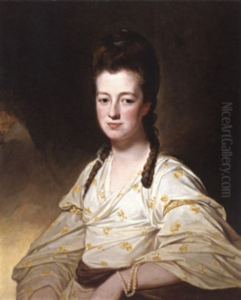 Portrait Of A Lady (dorothy Cavendish Bentinck, Duchess Of Portland?) Wearing A White Dress With Yellow Flowers Oil Painting by George Romney