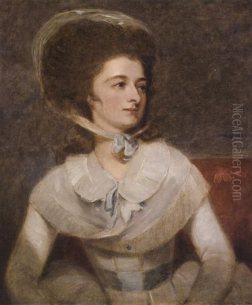 Portrait Of Lady Albinia Cumberland (nee Albinia Hobart) Wearing A White Gown With Blue Sash At The Waist And Bow At The Collar Oil Painting by George Romney