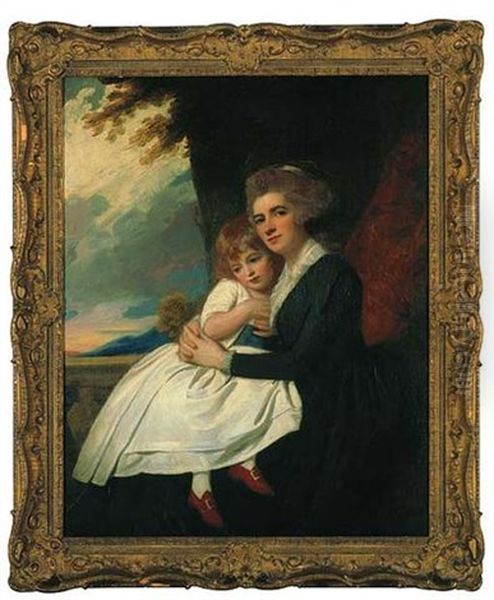 Portrait Of Mrs. Thomas Raikes And Her Daughter, In A Landscape Oil Painting by George Romney