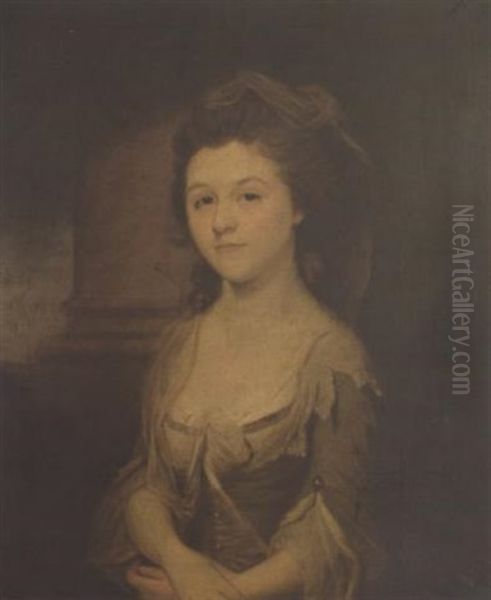 Portrait Of Mrs Peter Renton In A Pale-green Dress, Sitting Before A Column by George Romney