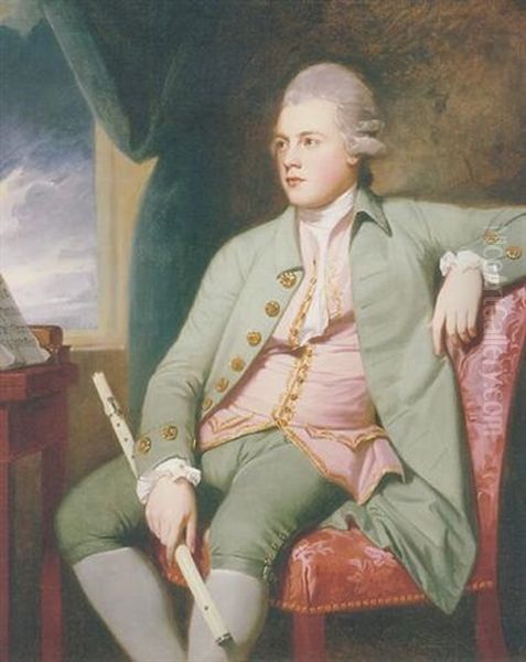 Portrait Of Francis Lind Seated Before A Music Stand, In A Powdered Wig, A Green Coat And Breeches And A Pink Waistcoat Embroidered With Gold, Holding A Flute, By An Open Window Oil Painting by George Romney