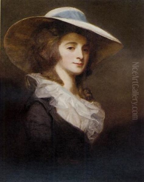 Portrait Of Lady Herries In A Grey Dress And White Collar, With A Wide-brimmed White Hat With A Blue Ribbon by George Romney