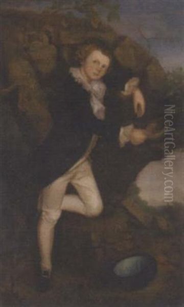 Portrait Of John Wilson, Esq. Of Plumtree Hall And Plumtree Bank, Kendal, In A Blue Coat And White Breeches, Holding A Bird's Nest, A Hat At His Feet, In A Landscape Oil Painting by George Romney