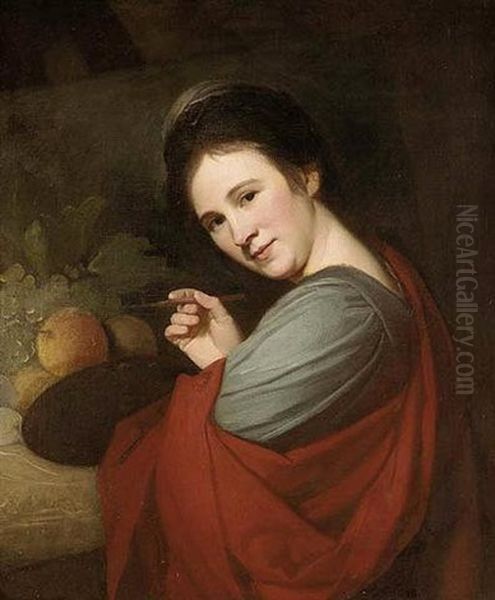 Portrait Of Mary Moser, R.a., Holding A Palette And Brush, Before Fruit On A Ledge Oil Painting by George Romney