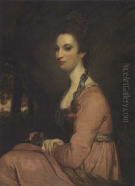 Portrait Of A Lady In A Pink Dress, Holding A Rose, In A Wooded Landscape Oil Painting by George Romney