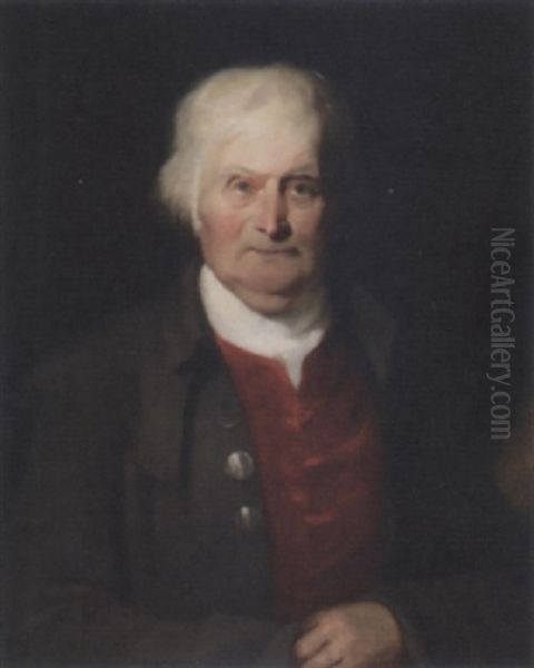 Portrait Of A Gentleman In A Red Shirt And Grey Coat Oil Painting by George Romney