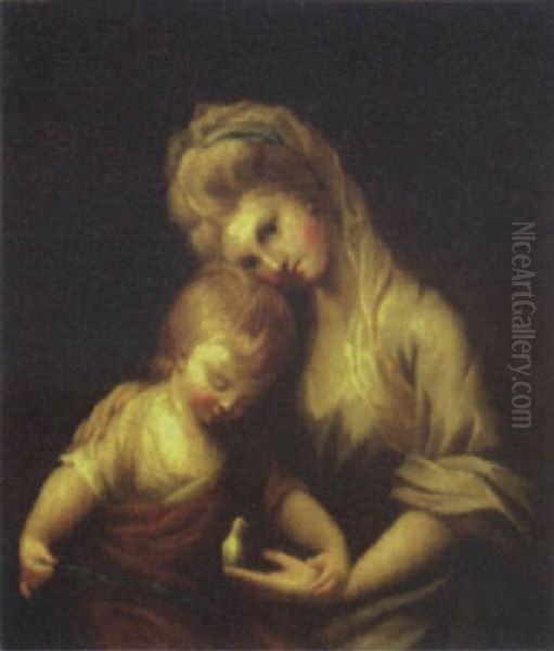 Mother And Child Holding A Pet Bird Oil Painting by George Romney