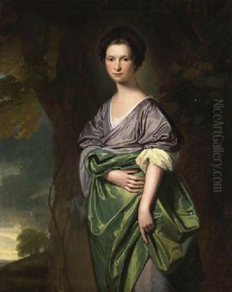 Portrait Of Mrs. James Fletcher In A Lilac Dress With A Green Wrap, In A Wooded Landscape Oil Painting by George Romney