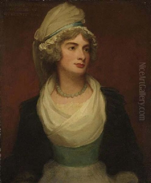 Portrait Of Georgiana Anne, Lady Townshend, Daughter Of William Poyntz Of Midgham, Berkshire, In A White Dress With A Blue Sash And Black Cloak Oil Painting by George Romney