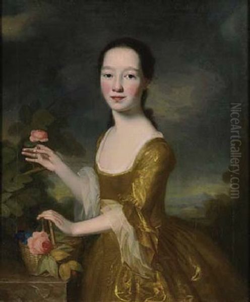 Portrait Of Elizabeth White In A Yellow Dress Picking A Rose, Her Left Hand Resting On A Basket Of Flowers, In A Landscape Oil Painting by George Romney