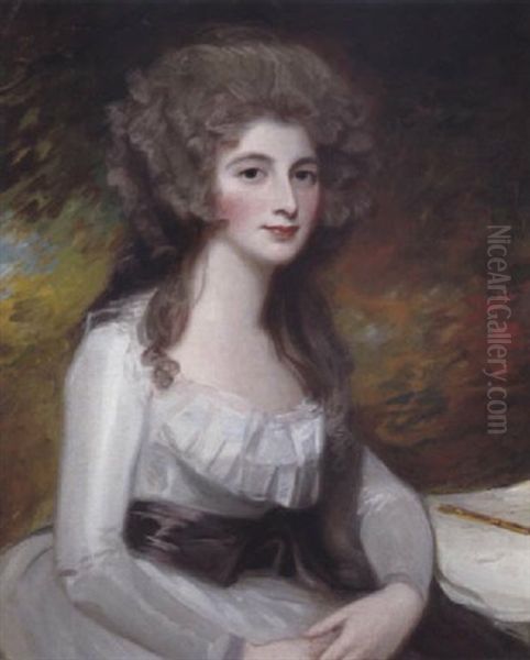 Bildnis The Honorable Mrs. Richard Tickell In Einem Weisen Kleid Mit Einer Malvenfarbenen Scharpe Oil Painting by George Romney