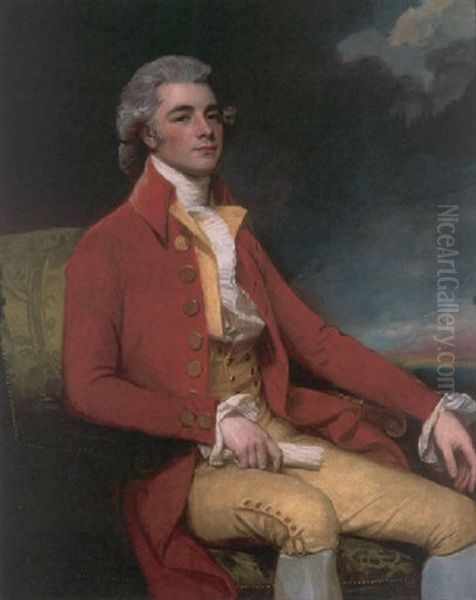 Portrait Of George Bustard Greaves, Esq. Seated In An Armchair, Wearing A Red Coat, Buff Vest And Knee Plants Oil Painting by George Romney