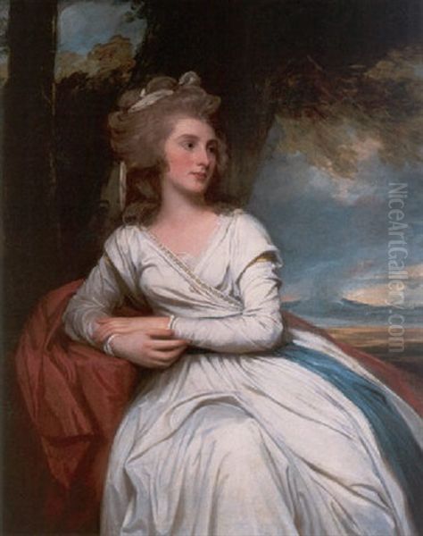 Portrait Of Mary, Mrs. Sullivan, Later Lady Sullivan, Leaning On One Elbow, Wearing A White Dress With A Blue And Red Sash Oil Painting by George Romney