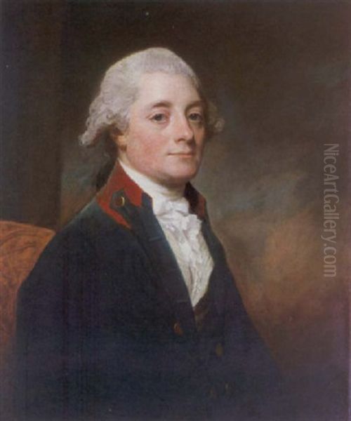 Portrait Of James Oliver Wearing A Blue Windsor Uniform Oil Painting by George Romney