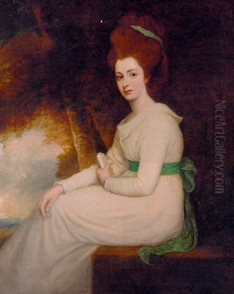 Portrait Of A Lady In A White Dress With Blue Ribbon, Holding A Scroll, In A Landscape Oil Painting by George Romney