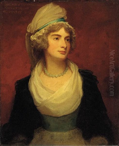 Portrait Of Georgiana-anne, Lady John Townshend, In A White Dress, Black Cloak And A White Bonnet With Blue Ribbon Oil Painting by George Romney