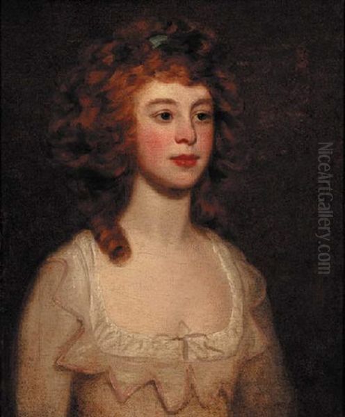 Portrait Of A Lady In A Cream Dress, Looking To Her Left Oil Painting by George Romney