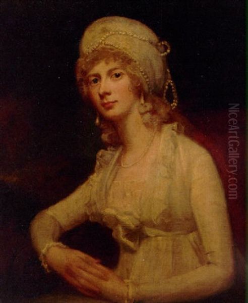 Portrait Of A Lady In A White Dress And White Pearl-trimmed Cap Oil Painting by George Romney