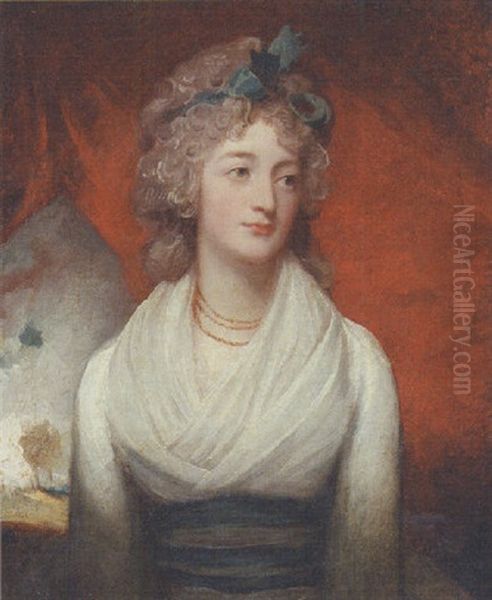 Portrait Of Miss Jean Drummond In A White Dress And With A Blue Ribbon In Her Hair, Before A Red Curtain, A Landscape Beyond Oil Painting by George Romney