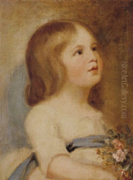 Portrait Of Miss Charlotte Horsley Wearing A White Dress And Holding Flowers Oil Painting by George Romney