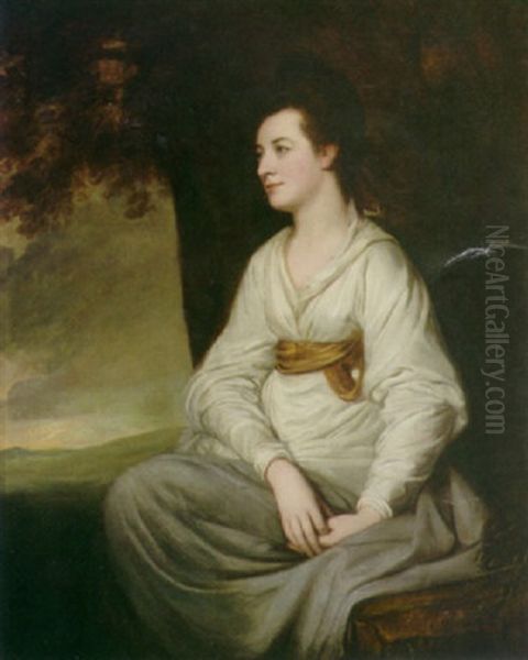 A Portrait Of A Lady  (mrs. Vere Hollingsworth?) Seated Beneath A Tree Oil Painting by George Romney