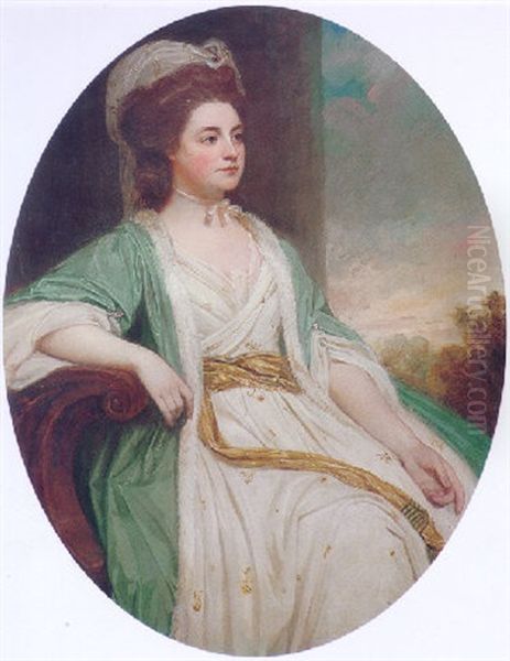 Portrait Of Lady Katherine Griffin Wearing A White Dress With A Gold Leaf Pattern And A Light Blue Cloak Oil Painting by George Romney