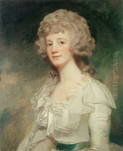 Portrait Of Lady (mrs. Buchanan?) Wearing A White Dress With A Blue Sash Oil Painting by George Romney