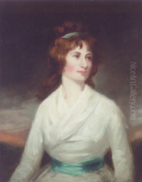 Portrait Of A Lady, Arabella Ponsonby, In A White Dress With Blue Sash, In A Landscape Oil Painting by George Romney