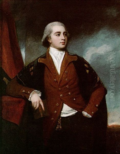 Portrait Of A Gentleman (thomas Cherbury Bligh?) Standing Wearing A Brown Coat And Academic Robes With A Book In His Left Hand Oil Painting by George Romney