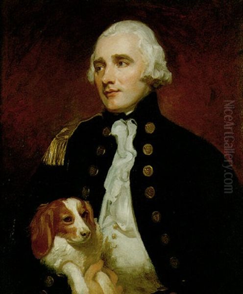 Portrait Of Captain The Hon. Sir George Grey Wearing A Naval Uniform, Holding His Dog Under His Arm Oil Painting by George Romney