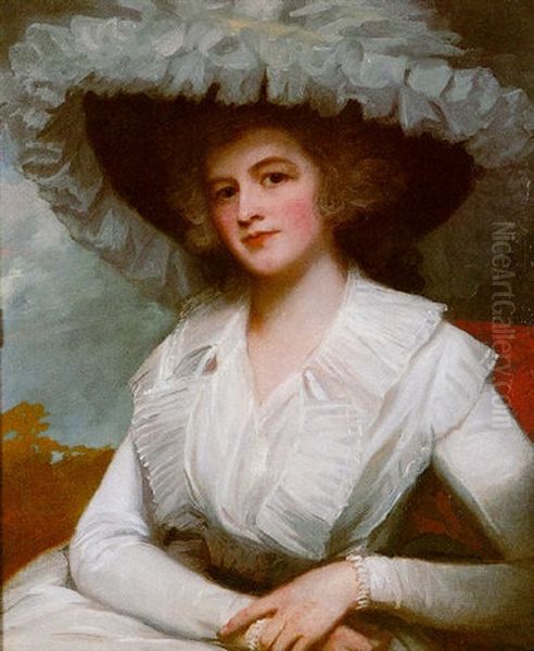 Portrait Of Elizabeth, Lady Forbes Wearing A White Dress, With A Black Hat Trimmed With White Lace Oil Painting by George Romney