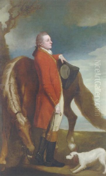 Portrait Of Colonel Wilson Braddyll Wearing The Red Uniform Of The Yorkshire Yeomanry, With A Horse And A Dog In A Landscape Oil Painting by George Romney